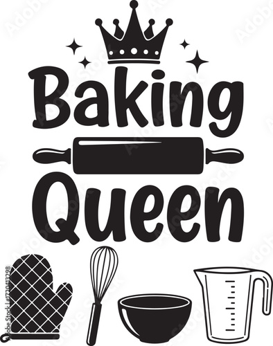 Baking queen design with crown rolling pin oven mitt whisk and measuring cup for kitchen enthusiasts and bakers celebrating culinary creations isolated on transparent background