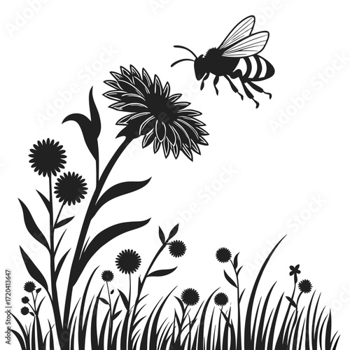 Bee hovering over sunflower field silhouette