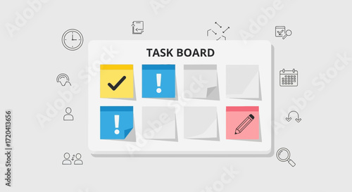 Digital task board with sticky notes and icons on a gray background.