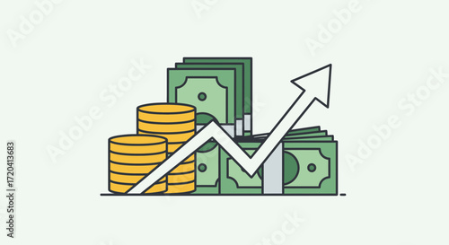 Stacked money and coins with an upward trending arrow.