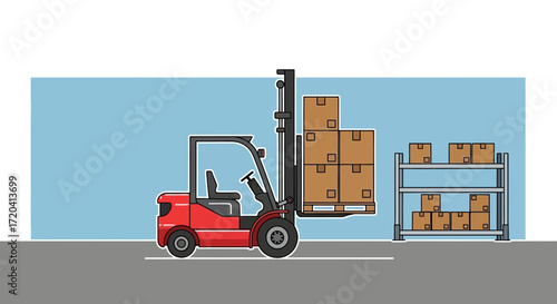 Red forklift lifting boxes in a warehouse setting.