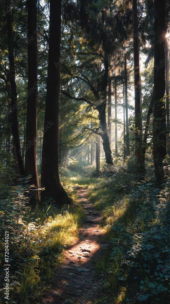Fototapeta premium Sunlit Forest Trail Adventure