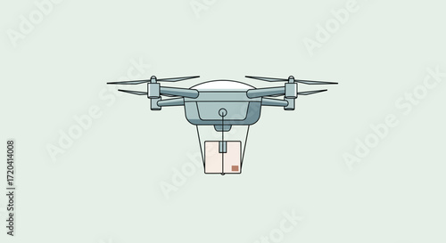 A drone carries a package against a light green background.