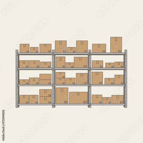 Cardboard boxes stacked on industrial shelving units.