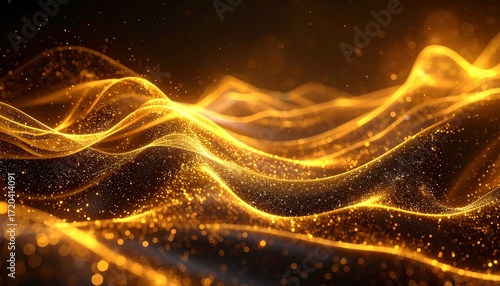 Abstract golden wave design, composed of glowing particles and flowing curves, creating a dynamic and ethereal atmosphere with a dark background