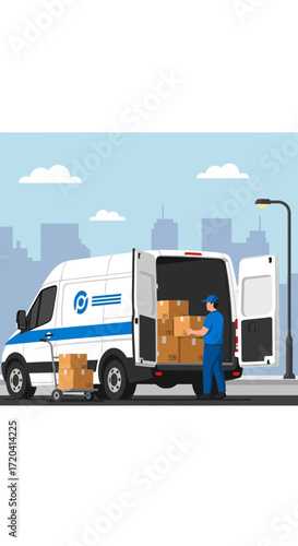 Delivery van loading boxes in a city street.