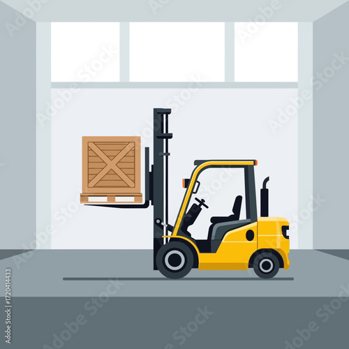 Yellow forklift lifting wooden crate inside warehouse