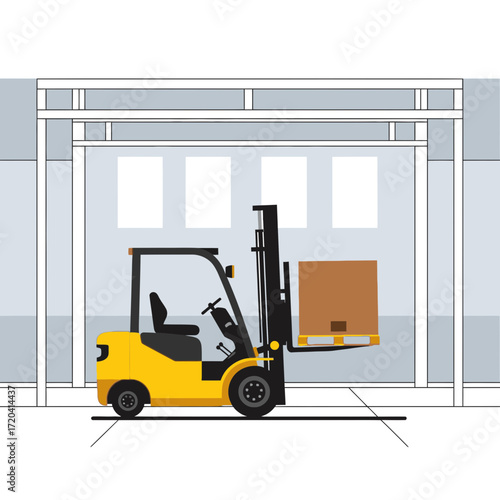 Yellow forklift carrying a box inside a warehouse.