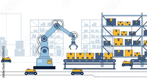 Automated factory with robot arm conveyor belt and delivery vehicles.