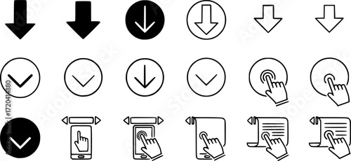 Down arrow vector icon set. scroll illustration sign collection.