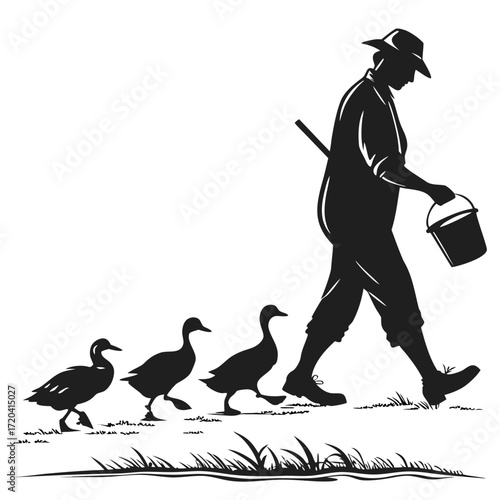 Farmer herding ducks silhouette