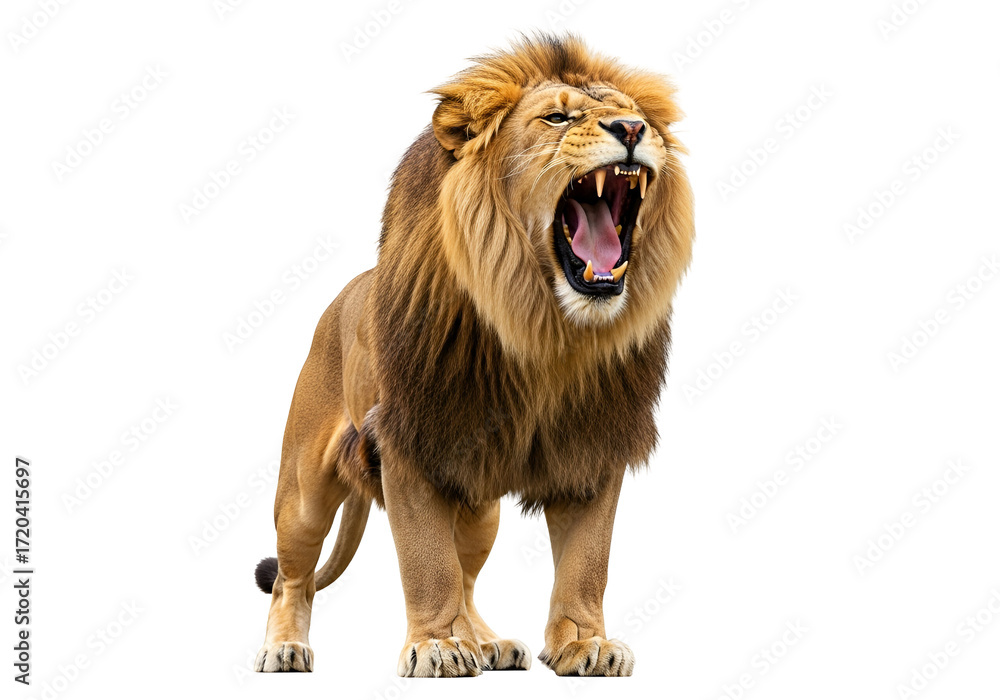 Obraz premium A majestic lion roars powerfully against a stark black background, showcasing its impressive mane and open mouth filled with sharp teeth.