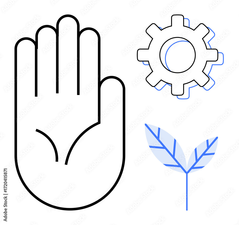 Fototapeta premium An open hand, a gear, and a sprouting leaf represent harmony, collaboration, sustainability, innovation, eco-friendliness, progress and ethical practices. Ideal for environmental balance
