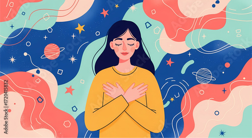 Woman embracing self love amidst cosmic abstract shapes and celestial wonders