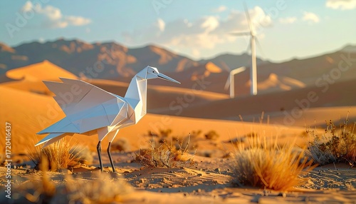 Origami heron in desert landscape with wind turbines