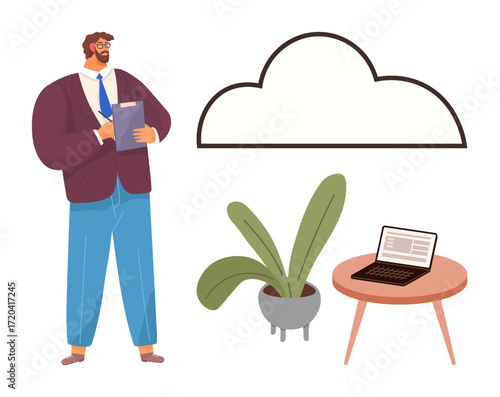 Businessman writing on clipboard near a cloud icon, potted plant, and laptop. Ideal for technology, cloud storage, productivity, remote work, data management organization and workspace. Simple flat