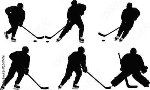 Black Silhouettes of Hockey Players and a Goalie Isolated on a White Background, Demonstrating the Hockey Stick Handling, Action Poses, and Skating, Sports.