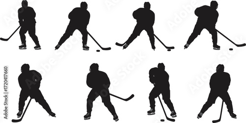 Black Silhouettes of Ice Hockey Players Isolated on a White Background, Demonstrating the Hockey Stick Handling, Action Poses, and Skating, Sports, Recreation.