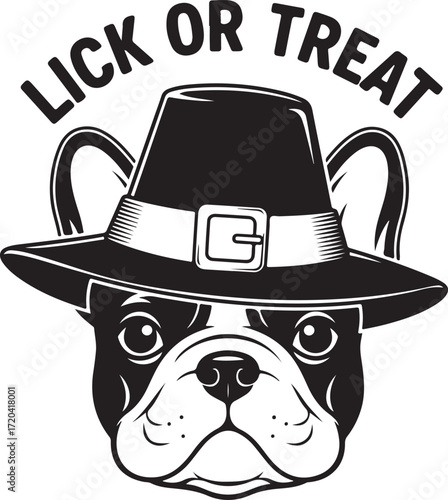 Festive french bulldog in pilgrim hat with 'lick or treat' text for halloween thanksgiving celebrations and autumn themes isolated on transparent background