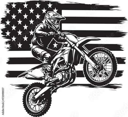 Motocross rider performing a wheelie against a distressed american flag graphic for patriotic sports enthusiasts isolated on transparent background