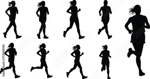 Black Silhouettes of Female Runners Isolated on a White Background, Demonstrating the Running Poses in Various Action Poses, Fitness, Sports, and Recreation.