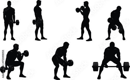 Black Silhouettes of a Male Bodybuilder Lifting Weights, Isolated on a White Background, Demonstrating Various Exercises with Dumbbells and Barbell, Fitness, Sports.