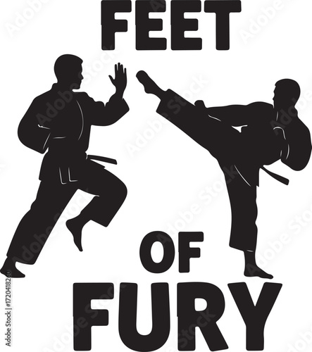 Dynamic martial arts silhouette of two karate fighters performing powerful kicks and punches in action focused on their feet. isolated on transparent background