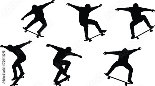 Black Silhouettes of a Skateboarder Isolated on a White Background, Demonstrating Various Tricks and Action Poses, Extreme Sports, Urban Lifestyle.