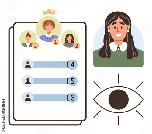 Ranking list with avatars, crown for leadership distinction, single eye conveying observation. Portrait of woman highlights individual focus. Ideal for HR, management, leadership, assessment