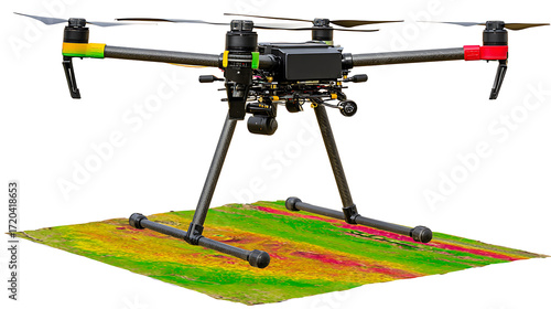 Aerial drone with multispectral imaging overlay on agricultural field