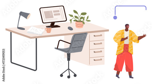 Office desk setup with computer, chair, lamp, and plant. Person standing nearby in a vibrant outfit gesturing. Ideal for office, teamwork, productivity, creativity presentation professional