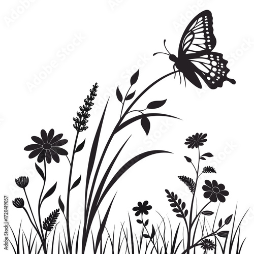 Butterfly hovering over field flowers silhouette