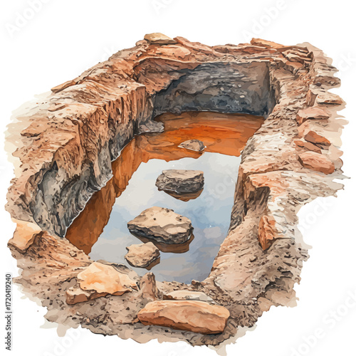 Mud Pit, watercolor drawing vector, isolated on a white background.