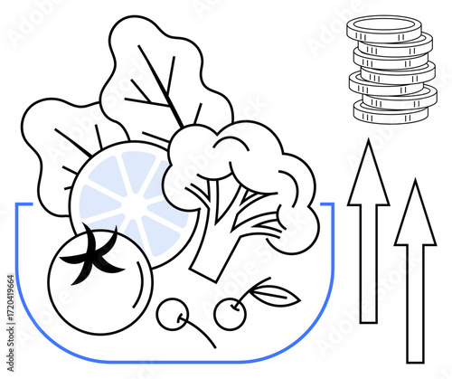 Fruits, vegetables in bowl with coins stacked beside upward arrows, reflecting nutrition, price trends, investments. Ideal for health, economy, sustainability growth wellness food market. Simple