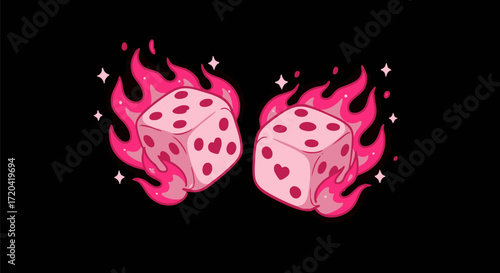 Two pink dice with heart shaped dots surrounded by bright pink flames on black