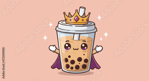 Cute boba tea character wearing a crown and cape on a pastel background design