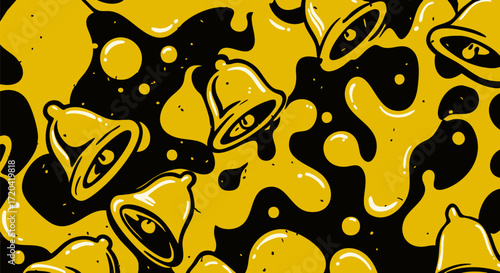 Golden bells scattered across a dark background create a festive abstract pattern