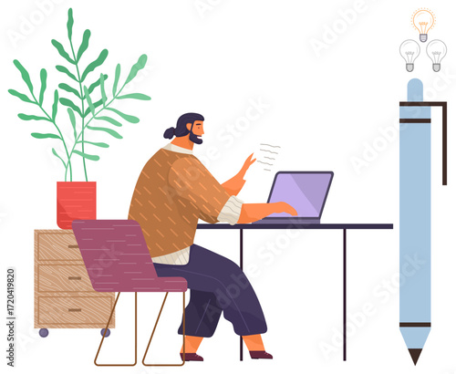 Person typing on laptop seated at desk, drawer with plant beside, oversized pen, glowing idea bulbs above. Ideal for creativity, remote work, productivity, innovation, modern workspace education