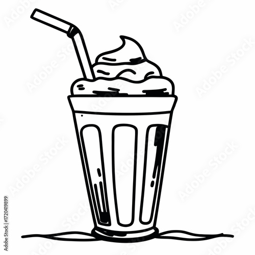Hand-drawn milkshake in a glass with straw and whipped cream  