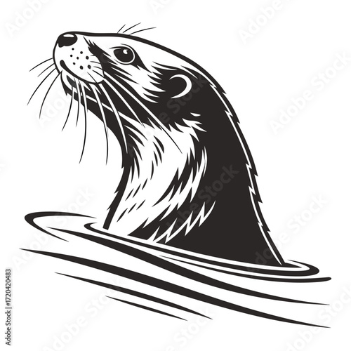 Otter peeking above waterline silhouette