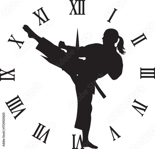 Dynamic martial arts clock silhouette a disciplined warrior kicking with roman numerals representing time and combat readiness isolated on transparent background