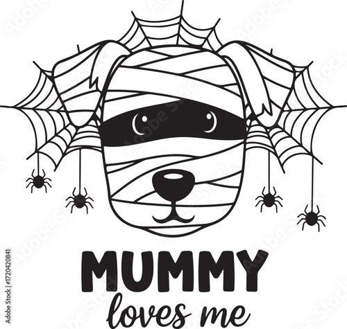Cute mummy dog halloween art with spiders and cobwebs declarative title for adobe stock design isolated on transparent background