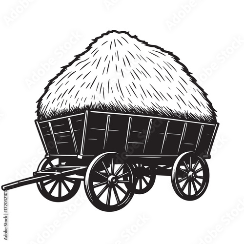 Antique black and white illustration of a hay wagon loaded with harvested hay