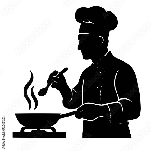 Chef stirring delicious food in a pan with steam rising, professional culinary artist preparing meals, perfect for restaurant menus, cooking blogs, and food industry designs