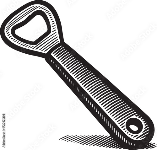 Bottle opener in bold strokes linocut etching illustration, retro monochrome engraving design
