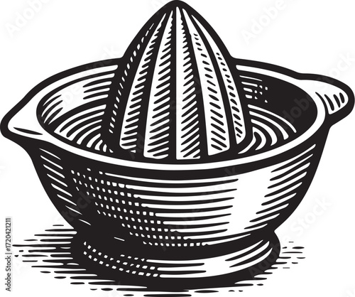 Etching style citrus juicer illustration of a vintage fruit press kitchen tool