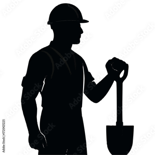Strong silhouette of construction worker holding shovel, ready for work, highlighting labor, industry, and dedication, ideal for construction, engineering, or workforce themes