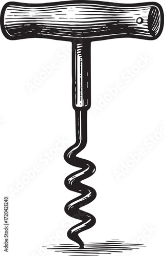 Corkscrew in bold etching style, linocut detailed monochrome illustration of vintage wine opener