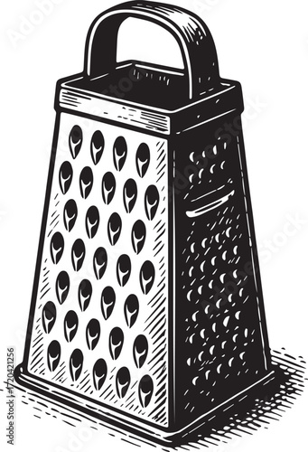 Detailed box grater etching illustration in vintage engraved linocut black and white kitchen tool artwork