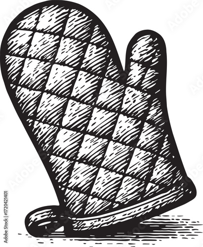 Quilted oven mitt etching in vintage black and white engraved linocut style kitchen accessory illustration